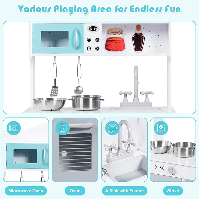 HONEY JOY Kids Kitchen Playset, Toddlers Wooden Play Kitchen Set w/Microwave, Sink, Stove & Oven, Cookware Utensils, Large Storage Shelf, Little Chef Pretend Play Toy Kitchen Set for Boy Girl Age 3+