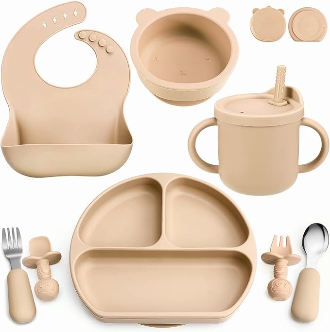 Silicone Baby Feeding Set, Baby Led Weaning Supplies with Suction Bowl Divided Plate, Toddler Self Feeding Dish Set with Spoons Forks Sippy Cup Adjustable Bib, Eating Utensils for 6+ Months(Khaki)