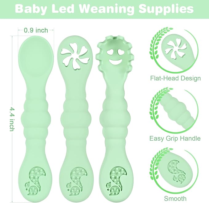 Silicone Baby Spoons Self Feeding 6+ Months 3PCS Toddler Forks and Spoons Utensils Baby Led Weaning Teething Spoon Infant Spoons First Stage Newborn Baby Essentials Baby Gifts(Green)