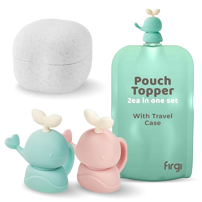 Whale SoftSip Food Pouch Topper | 2EA + Travel Case | Prevent Spills & Leakage | Protect Child Baby Toddler Mouth | Food Grade Silicone Reusable | Baby Led Weaning | BPA Free| Mint+Pink