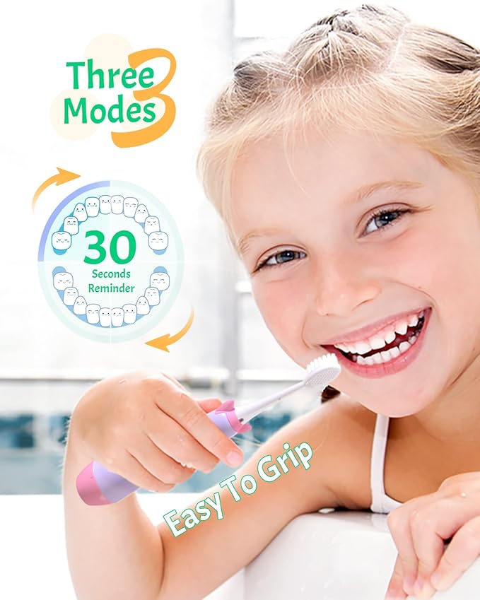 NELL&WELL Kids Electric Toothbrush, 2-Min Timer, 3 Modes with Memory, IPX 7 Waterproof, Battery Powered Kids Toothbrush with 3 Soft Bristles Heads for Children Boys and Girls Ages 3+