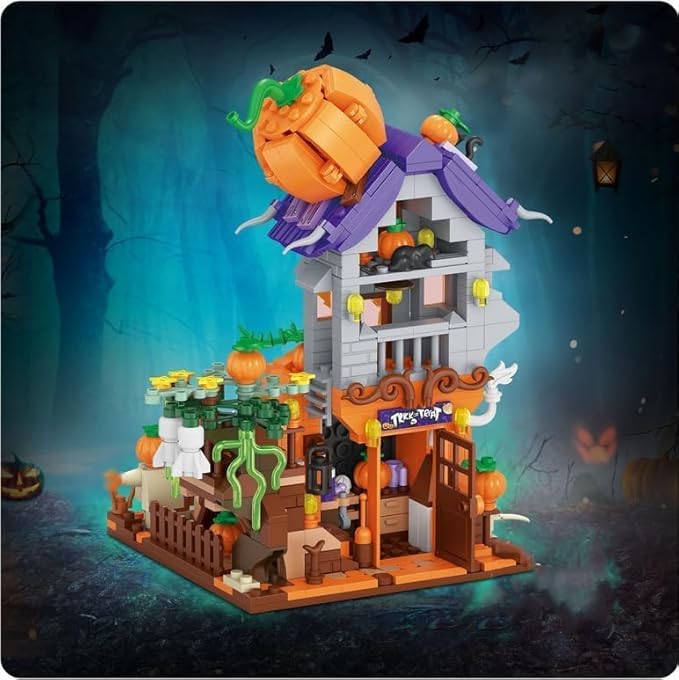 Street View Halloween Pumpkin House Bricks Model Set, 762Pcs DIY Building Block Assembly Mini Particle Construction Toy