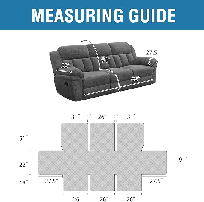 H.VERSAILTEX 100% Waterproof Recliner Sofa Cover Recliner Couch Cover for 3 seat Non Slip Reclining Couch Cover for Dog Washable Furniture Protector with Elastic Straps(Recliner Sofa, Rocket Gray)