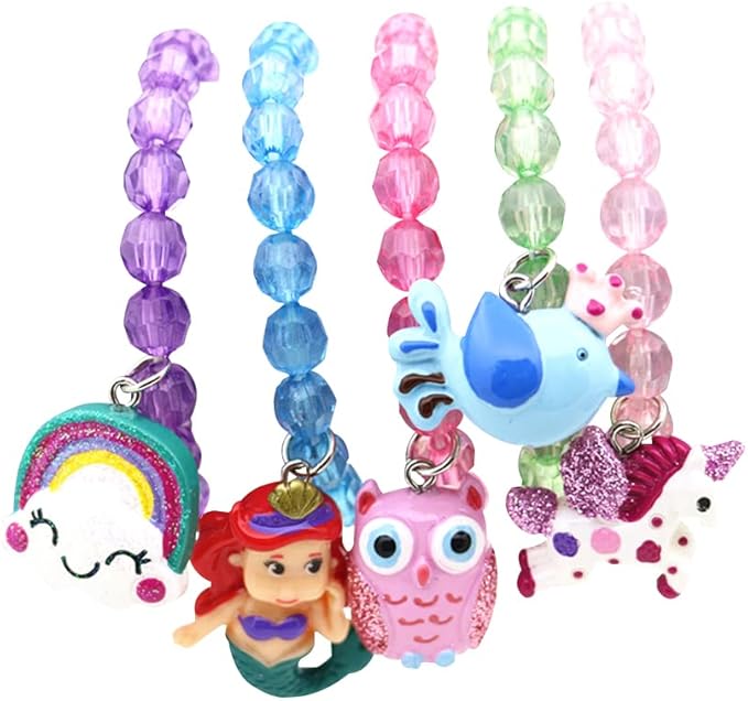 5pc Mermaid Bracelet, Unicorn Bracelet, Little Girl Animal Bracelets, Teens Kids Owl Pendant Beaded Bracelet Girl Party Favor Pretend Play Bracelet (Animal Bracelet)