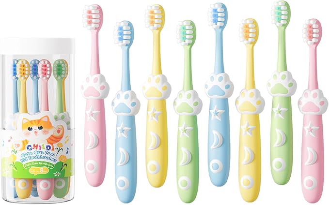 Kids Toothbrush 8 Pack Toddler Toothbrush for 2-10 Yeas Old Soft Children Manual Toothbrush for Clean Teeth Cute Cat Shaped Make Your Baby Love Brushing Teeth Multicolor