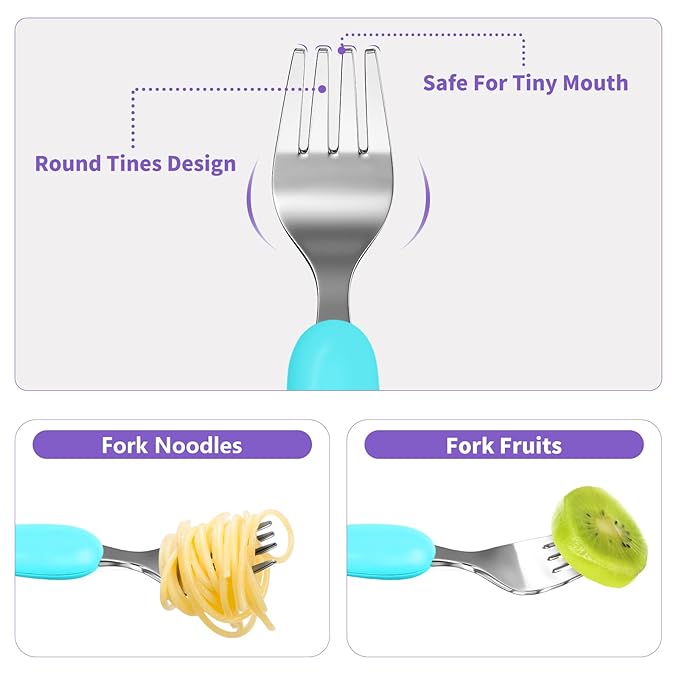 Lehoo Castle Toddler Fork and Spoon, 6pcs Toddler Utensils Kids Silverware, Safe Stainless Steel Toddler Fork Spoon Set, Children Flatware Set, Incudes 3 Spoons and 3 Forks (Light Purple + Blue)