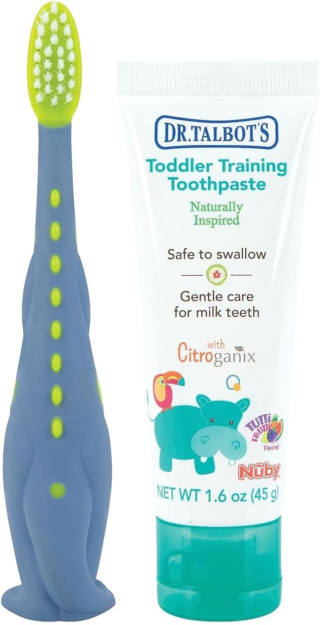 Dr. Talbot's Toddler Training Toothbrush and Natural Kids Toothpaste with Citroganix - 1.6 oz - Fluoride-Free Toothpaste and Toddler Toothbrush - 6+ Months - Dinosaur