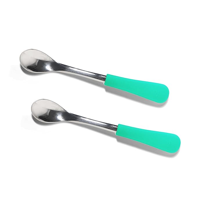Avanchy Infant Baby Spoons Stainless Steel and Silicone Set, Self Feeding Food Utensils, 4 Months Baby Led Weaning, 2 Pack, Green