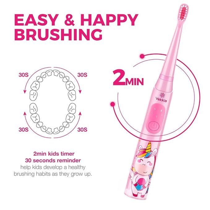 Vekkia Sonic Rechargeable Kids Electric Toothbrush, 3 Modes with Memory, Fun & Easy Cleaning, 24000 Strokes, IPX7 Waterproof, 2-Min Timer for Age 5+, 4 Soft Bristles(Pink)