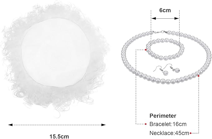 Tatuo 7pcs Halloween Old Lady Costume Granny Wig Shawl Cane Frame Glasses with Chain Pearl Necklace Bracelet Earrings