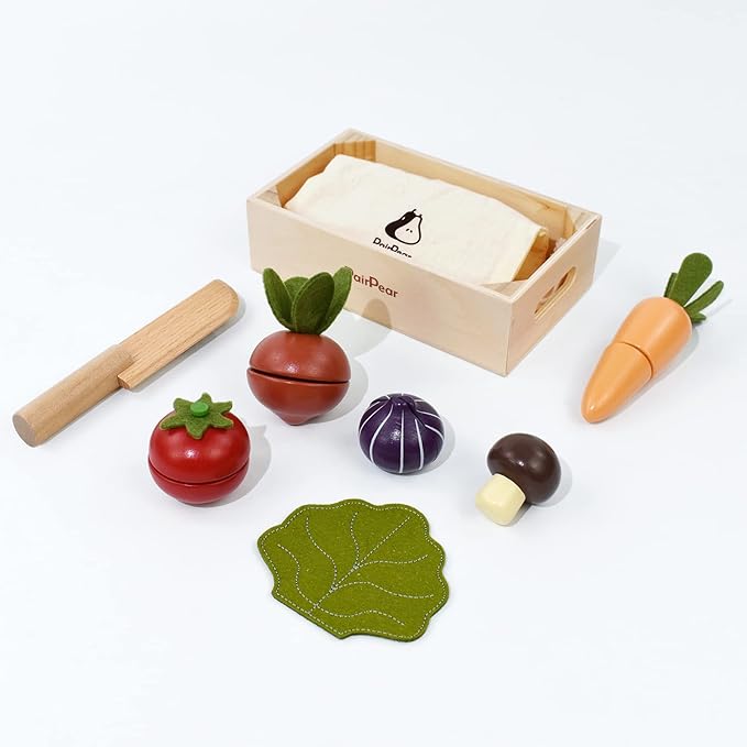 PairPear Wooden Play Food Cutting Vegetables Set - Wooden Toys for Toddlers Toy Food Play Kitchen Accessories