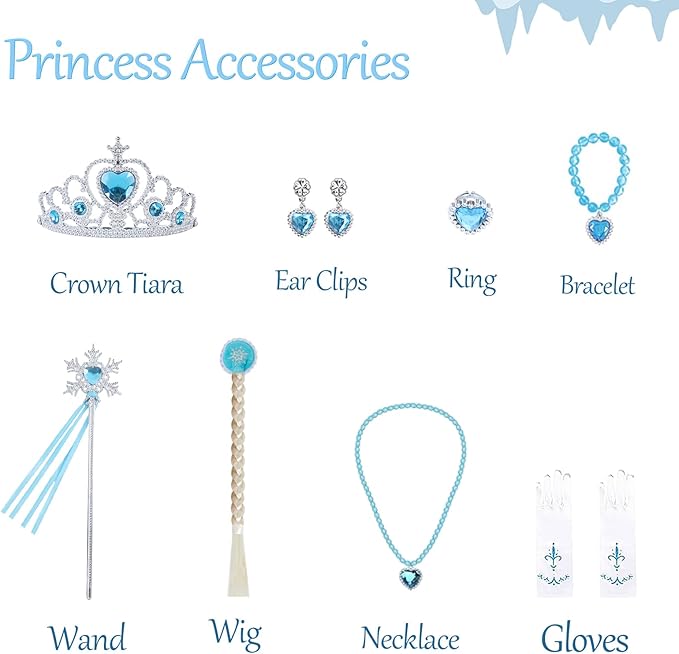 Princess Dresses for Girls - Classy Queen of Snow Princess Costume with Accessories - Dress Up Clothes for Halloween