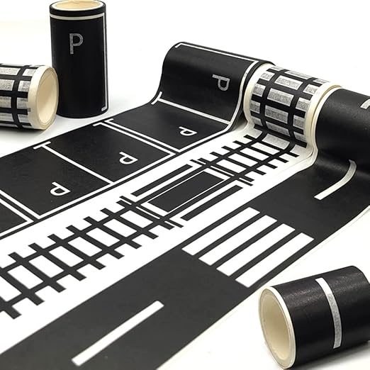 dspitwod Road Tape for Toy Cars Trains Play 6-Pack Black Car Track Tape, Parking Spot Stick to Floors and Table Flat Surface,No Residue, for Kids Gift (TAPE6)