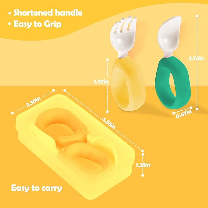 Baby Self Feeding Training Spoon and Fork Set with Travel Case, BPA-Free Cute Circle Toddler Training Utensils, Silicone/ABS Great Tableware Set Spoons Fork for Kids(Deep Green & Light Yellow)
