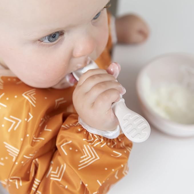 Bumkins Baby Utensil Set, Silicone Trainer Spoons for Dipping, Soft Tip, Self-Feeding, Chew, Baby Led Weaning, First Year Training Supplies, Essentials in Learning Eating, 4 Mos, 3-pk Beige and Brown