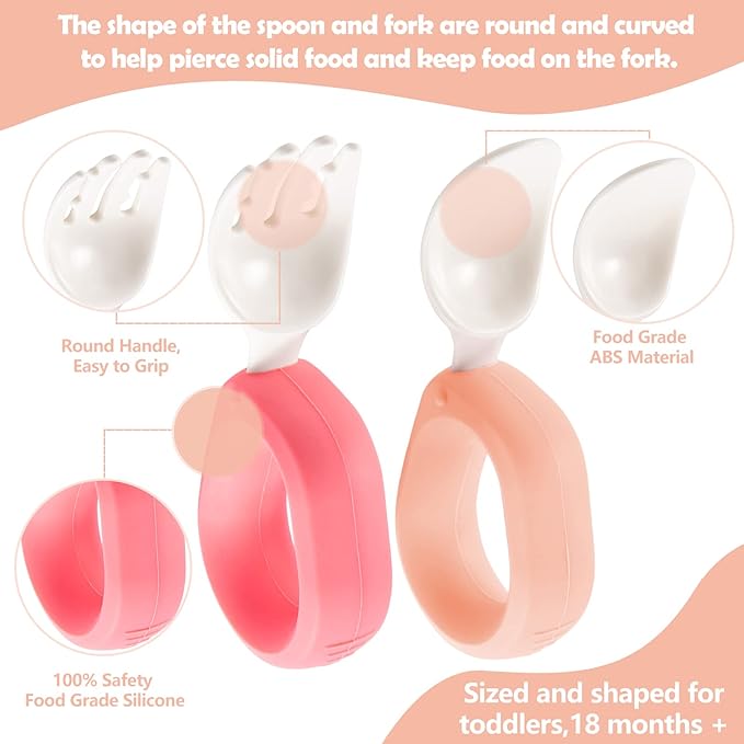 Baby Self Feeding Training Spoon and Fork Set with Travel Case, BPA-Free Cute Circle Toddler Training Utensils, Silicone/ABS Great Tableware Set Spoons Fork for Kids (Pink& Light Pink)