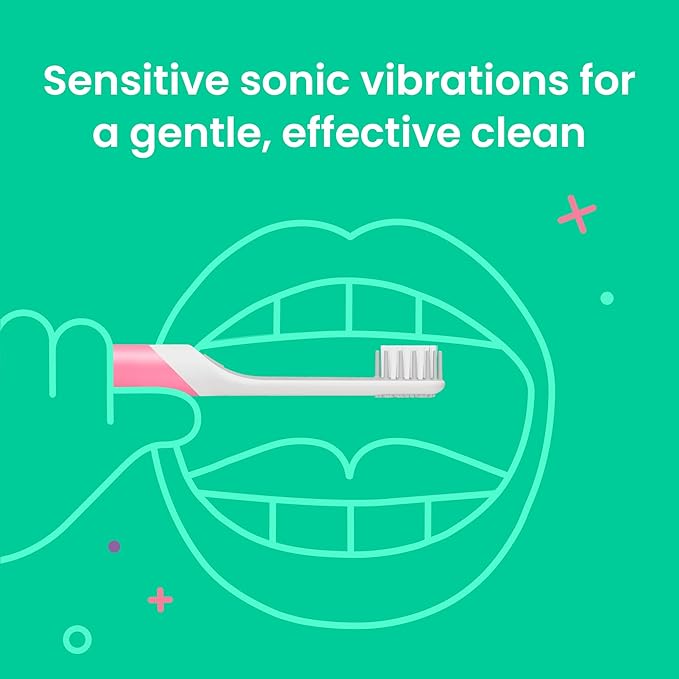 Quip Sonic Toothbrush for Kids with Timer - Includes Extra Brush Head and Travel Cover Mount - Electric, Soft Bristle Refill Head, Rubber Handle, 3 Month Battery Life - Travel Toothbrush - Pink
