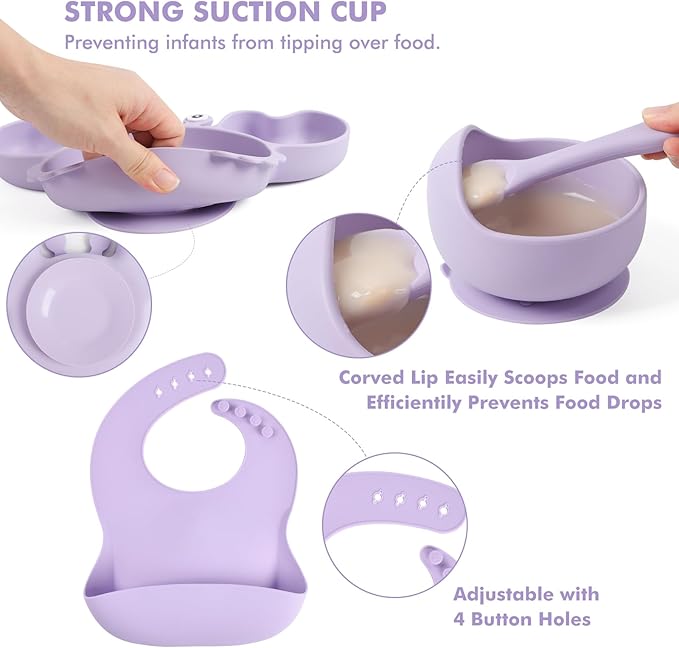 Silicone Baby Feeding Set 15 Pcs，Baby Spoons Suction Bowl Divided Plate Bib Cup Finger Brush Teething Teether，Baby Led Weaning Supplies,Baby & Toddler Silicone Plates and Bowls Dining Set（purple）