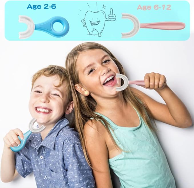 YOTEE U-Shaped Toothbrush Kids 2 PCS - Toddler Toothbrush with Food Grade Soft Silicone Brush Head, Manual Whole Mouth Toothbrush for Kids Age 6-12(Purple+Yellow), 360°Oral Teeth Cleaning