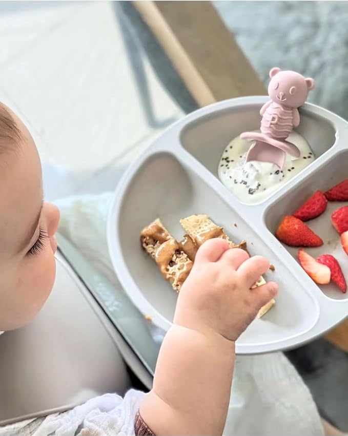 PandaEar Silicone Baby Feeding Set| 2 Pack Silicone Divided Suction Plate with 2 Pack Spoons | Baby Led Weaning Supplies Self Feeding Eating Utensils (Green/Grey)