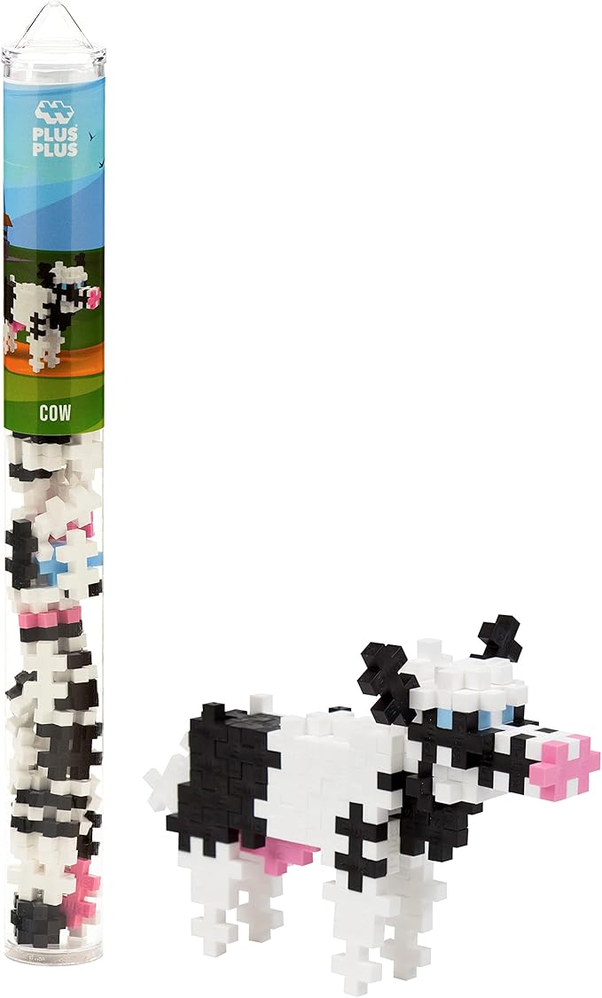 Plus Plus 3D Animal Figurine Building Block Set, 70 Mini Interlocking Puzzle Pieces, Fun Stem Toys for Kids - Cow Mini Maker Tube