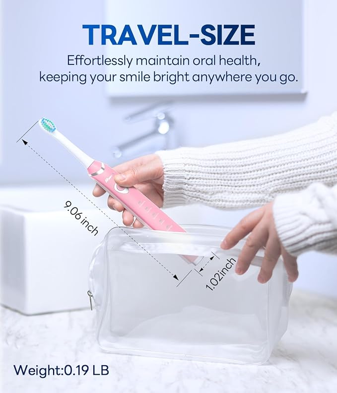Bymore Electric Toothbrush for Adults,Travel Sonic Toothbrush with 8 Replacement Heads, Ultra Clean Rechargeable Toothbrush Portable Electric Toothbrush-Pink