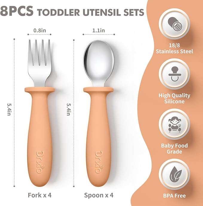 DRKIO 8 Pieces Toddler Utensils Set - Kids Silverware Set with Silicone Handle Children Safe 18/8 Stainless Steel Forks and Spoons Anti-Choke Design Food Grade Dishwasher Safe