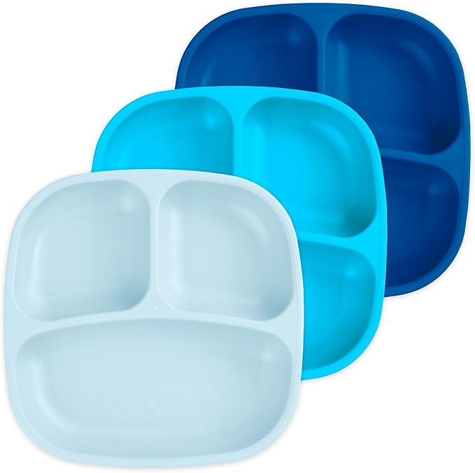 Re-Play Made in USA 7" Deep Walled Divided Plates for Kids, Set of 3 - Reusable 3 Compartment Plates, Dishwasher and Microwave Safe - 7.37" x 7.37" x 1.25", Bluesy