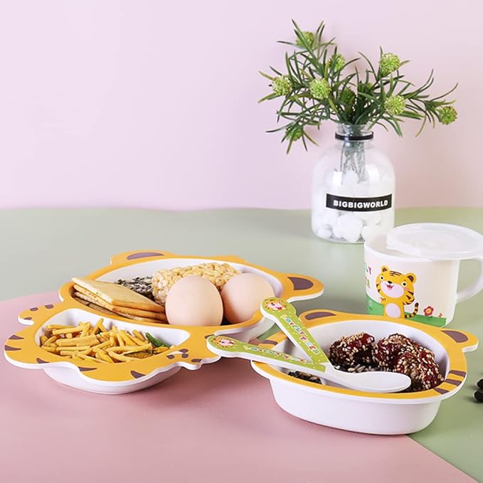 Bamboo Kids Dinnerware Set 5 Pcs Includes Plate Bowl Cup Fork Spoon Perfect for Kids BPA-Free (Tiger)