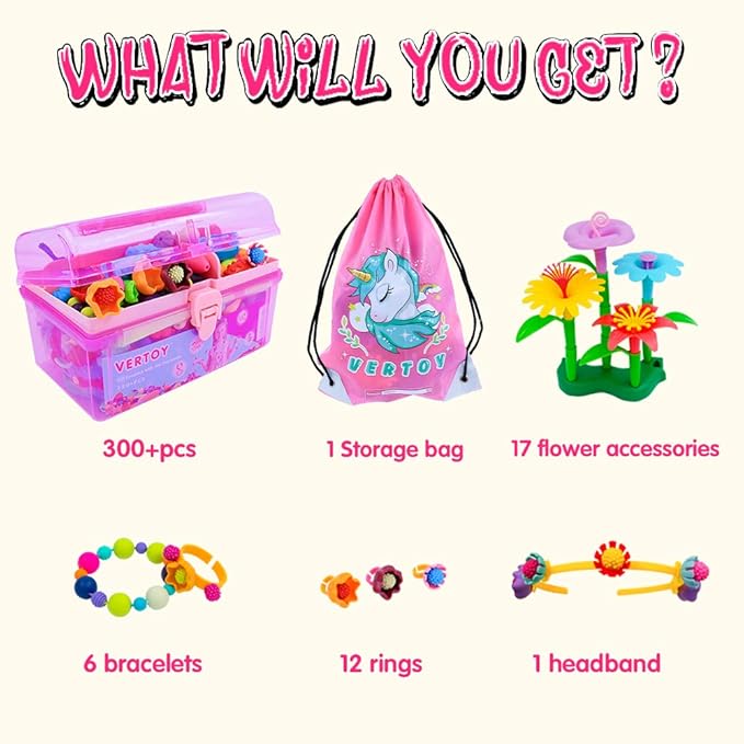 VERTOY Girls Toys Pop Beads Jewelry Making Kit for Toddlers - Arts and Crafts Kit for Girls Age 3 4 5 6 7 8 Year Old, Necklace Bracelet and Ring Creativity Snap Set, Best Children Birthday Gift