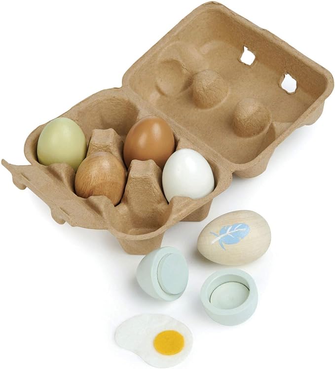 Tender Leaf Toys - Wooden Eggs - 6 Pieces Pretend Food Play Solid-Wood Eggs with Carton Box, Realistic Easter Egg Toy - Shopping Game Accessories for Children - Age 3+
