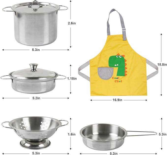 Sundaymot Play Kitchen Accessories, Wooden Play Food, Cooking Set with Stainless Steel Cookware Pots and Pans Utensils, Apron, Chef Hat, Cutting Food Kitchen Playset for Girls and Boys