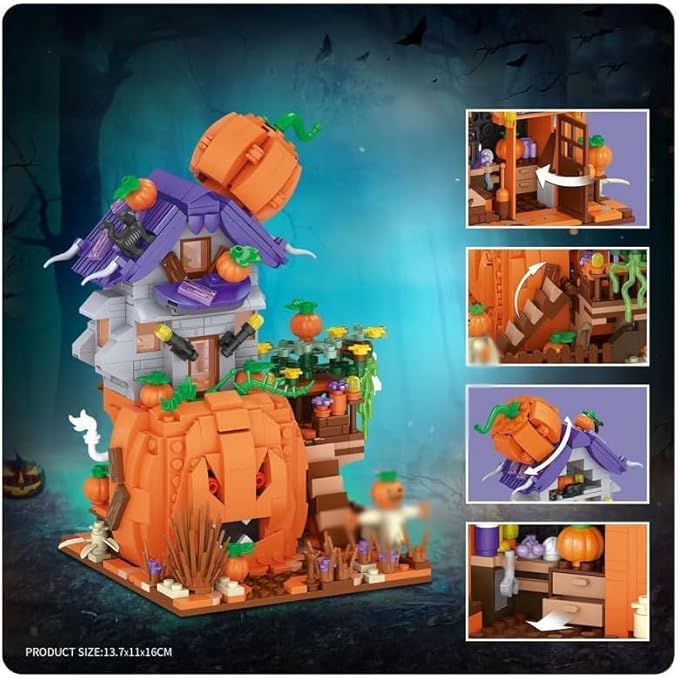 Street View Halloween Pumpkin House Bricks Model Set, 762Pcs DIY Building Block Assembly Mini Particle Construction Toy