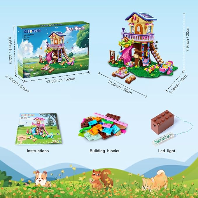 Treehouse Building Sets with LED Light - Tree House Building Block Toy, Friendship Up House Building Set with Slide & Stickers, Xmas Gift for Kids Girls Boys Age 6 7 8 9 10 11+（618PCS