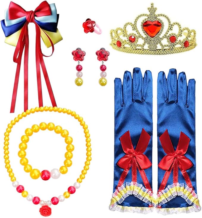 Princess Snow White Costume Dress up Accessories for Girls Princess Snow White Cosplay Party Favors Christmas Gifts Set Including Crown Hair Bow Gloves Accessories