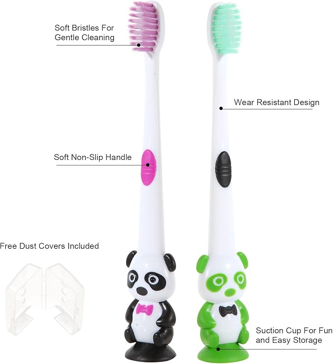Newday Kids toothbrushes 6 Pack Set Soft Bristles with Suction Cup, Includes Travel Covers, Bear Panda toothbrushes for Kids Boys & Girls, Toddlers &Children Teeth Age 3+