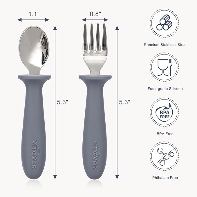 6 Pieces Toddler Utensils, Kids Safe Spoons and Forks, Children Silverware Set with Silicone Handle, 18/8 Stainless Steel, Food-grade Silicone，BPA Free - Dishwasher Safe