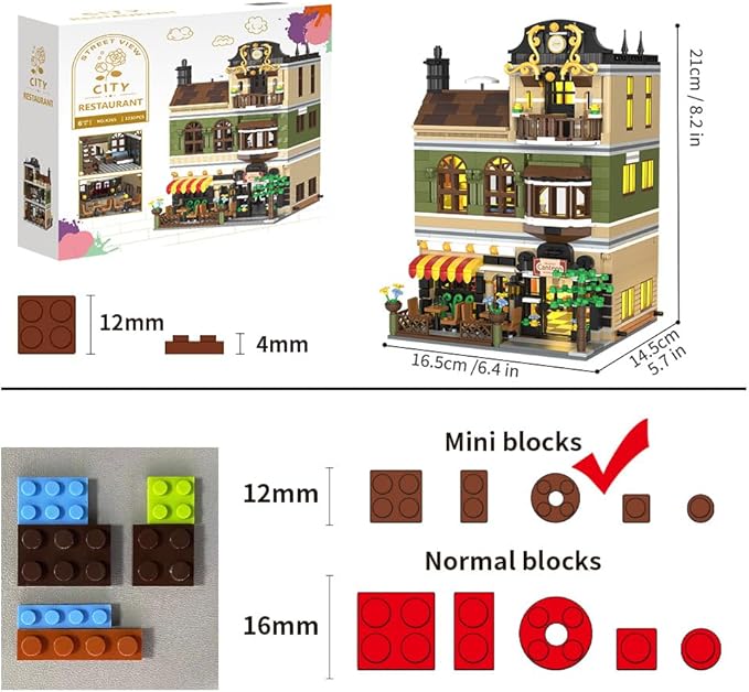 City Restaurant Building Blocks Set with LED, 1230Pcs Mini Brick Architecture Toy for Adults and Teen 14+ (Not Compatible with Lego)
