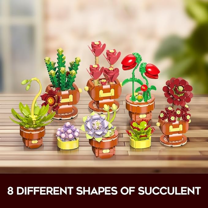 Succulent Flowers Bonsai Building Sets, 8 Packs Botanical Collection Building Block Kit for Home Decor, 1234 PCS Plant Building Toy Gifts for Adults Kids Girls Boys Ages 6 7 8 9 10 11 12+
