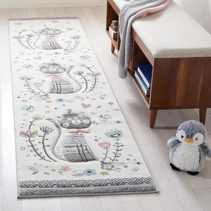 SAFAVIEH Carousel Kids Collection Runner Rug - 2' x 8', Ivory & Pink, Cat Design, Non-Shedding & Easy Care, Ideal for High Traffic Areas for Boys & Girls in Playroom, Nursery, Bedroom (CRK187A)