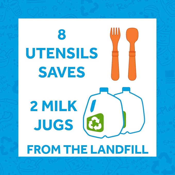 Re-Play Made in USA Toddler Forks and Spoons, Pack of 8 Without Carrying Case - 4 Kids Forks with Rounded Tips and 4 Deep Scoop Toddler Spoons - 0.2" Thick Toddler Utensils, Preschool