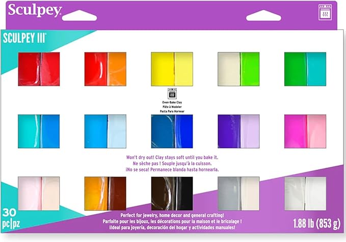 Sculpey III 30 Vibrant Colors of Polymer Oven-Bake Clay, Non Toxic 1.88 lbs., great for modeling, sculpting, holiday, DIY, mixed media and school projects. Great for all skill levels.