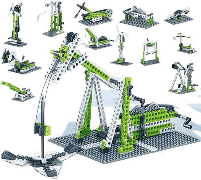 STEM Mechanics Gears Construction Kit 13 Models in 1, Motion Essential Set, Ferris Wheel/Merry-go-Round/Seesaw/Crane/Windmill Engineering Science Education Building Kit