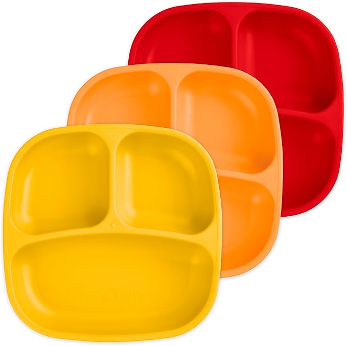 Re-Play Made in USA 7" Deep Walled Divided Plates for Kids, Set of 3 - Reusable 3 Compartment Plates, Dishwasher and Microwave Safe - 7.37" x 7.37" x 1.25", Fall