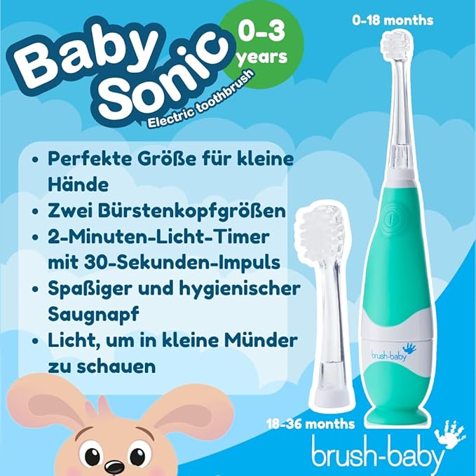 brush-baby BabySonic Infant and Toddler Electric Toothbrush for Ages 0-3 Years - Smart LED Timer and Gentle Vibration Provide a Fun Brushing Experience - Includes 2 Sensitive Brush Heads (Teal)