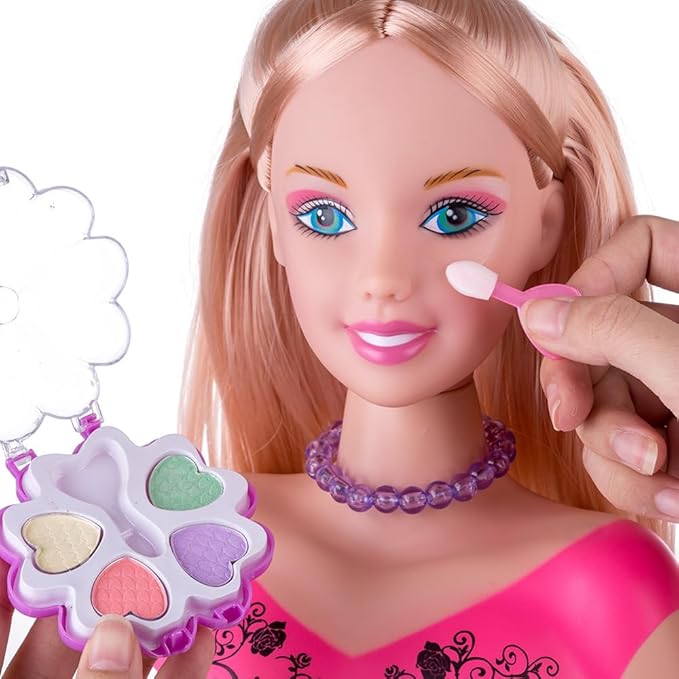 Doll Head Hair Styling Makeup Girls Toys Kids Pretend Play Beauty Set with Real Washable Cosmetics Hairdryer Curling Hairpins Accessories Birthday Gifts for Girls 3 Years Old