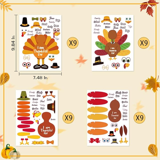AKEROCK Thanksgiving Crafts for Kids, Make-a-Turkey Crafts Stickers for Kids Games/Activities/Gifts/Party Favors - 36 Sheets