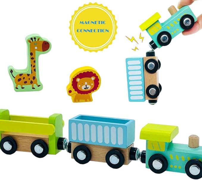 Wooden Trains Cars with Crane Magnetic Train Toys for Wooden Train Tracks Train Sets for Toddlers and Kids Ages 3+ (Zoo Train)