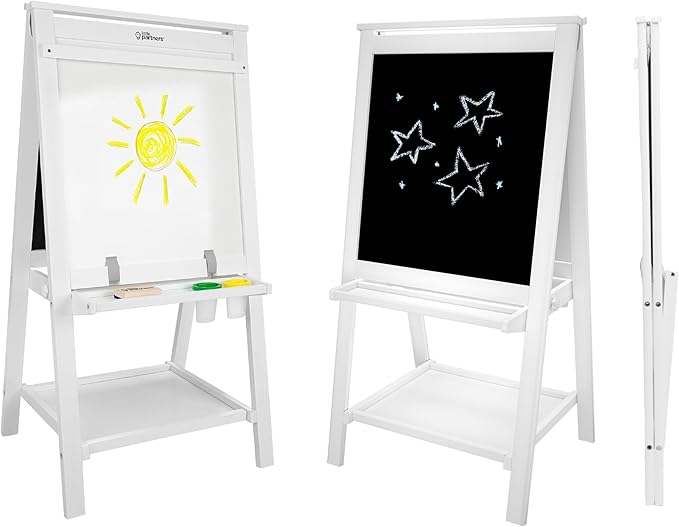 Little Partners Folding EZ Painting Easel for Kids, Dual-Sided Art Easel for Kids Art Station, Folds Flat with Chalkboard, Dry Erase Whiteboard, Paper, Eraser, Paint Cups, Shelf (Soft White)