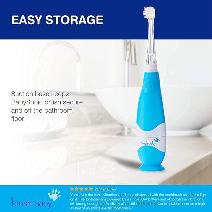 BabySonic Infant and Toddler Electric Toothbrush for Ages 0-3 Years - Safe and Sensitive Brush Heads, Sucker Base, Timer, Waterproof